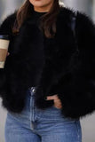 Black V Neck Midi Fitted Faux Fur Women's Coat