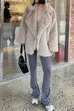 Grey Brown Midi Notched Lapel Shaggy Faux Fur Women's Coat