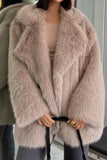 Grey Brown Midi Notched Lapel Shaggy Faux Fur Women's Coat