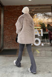 Grey Brown Midi Notched Lapel Shaggy Faux Fur Women's Coat