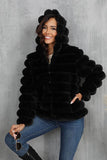 Black Fluffy Faux Fur Cropped Zip Up Coat with Hood