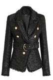 Black Tweed Notched Lapel Women Jacket with Belt