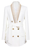 White Shawl Lapel Double Breasted Slim Fit Women Blazer with Beading