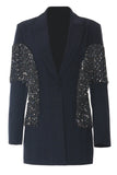 Sparkly Navy Peak Lapel Women Blazer with Fringes