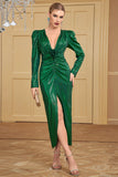 Green Sequined Front Slit Pleated V Neck Long Party Dress with Sleeves