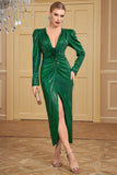 Green Sequined Front Slit Pleated V Neck Long Party Dress with Sleeves