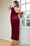 Burgundy Velvet Corset Slit Prom Dress with Sleeves