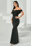 Black Beaded Off the Shoulder Bodycon Long Prom Dress