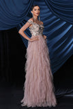 Sparkly Pink Off The Shoulder Tiered Prom Dress