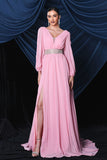 Pink Chiffon Long Sleeves Prom Dress With Slit