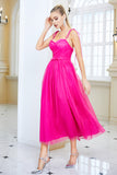 Fuchsia A Line Spaghetti Straps Prom Dress with Bow