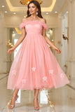 Pink A Line Off The Shoulder Prom Dress with Lace Up Back