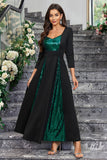 Sparkly Black Green Sequined A Line Prom Dress With Long Sleeves