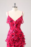 Red Flower Asymmetrical Ruffled Wedding Guest Dress