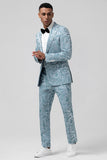 Light Blue Notched Lapel 2 Piece Jacquard Men's Prom Suits