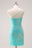 Sparkly Mint One Shoulder Tight Short Homecoming Dress with Sequins