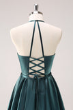 A-Line Peacock Blue Halter Short Homecoming Dress with Lace Up Back