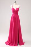 Fuchsia Spaghetti Straps Chiffon Long Bridesmaid Dress with Slit