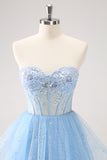 Sky Blue A Line Sweetheat Corset Tulle Homecoming Dress with Sequins