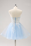 Blue A Line Spaghetti Straps Short Homecoming Dress with Appliques