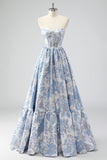 Cute Blue A-Line Sweetheart Brocade Corset Long Prom Dress