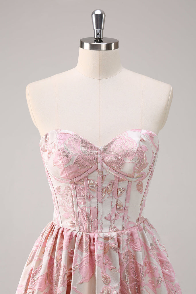 Cute A Line Sweetheart Pink Jacquard Satin Prom Dress with Bow VK16012908