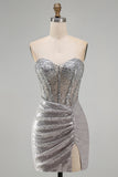 Silver Bodycon Strapless Sequin Corset Ruched Homecoming Dress with Side Slit