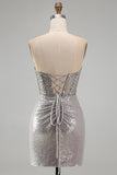 Silver Bodycon Strapless Sequin Corset Ruched Homecoming Dress with Side Slit