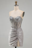 Silver Bodycon Strapless Sequin Corset Ruched Homecoming Dress with Side Slit