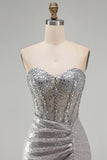 Silver Bodycon Strapless Sequin Corset Ruched Homecoming Dress with Side Slit