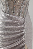 Silver Bodycon Strapless Sequin Corset Ruched Homecoming Dress with Side Slit