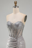 Silver Bodycon Strapless Sequin Corset Ruched Homecoming Dress with Side Slit