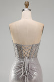 Silver Bodycon Strapless Sequin Corset Ruched Homecoming Dress with Side Slit