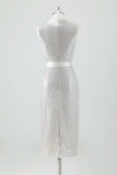 Champagne Sparkly V Neck Tea Length Holiday Party Dress with Bow