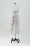 Champagne Sparkly V Neck Tea Length Holiday Party Dress with Bow