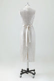 Champagne Sparkly V Neck Tea Length Holiday Party Dress with Bow