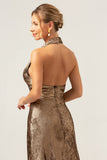 Golden Mermaid Halter Neck Backless Tea Length Bridesmaid Dress