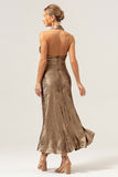 Golden Mermaid Halter Neck Backless Tea Length Bridesmaid Dress