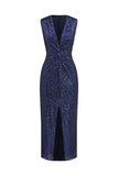 Navy V-neck Sheath Sequins Midi Cocktail Dress with Slit