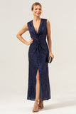 Sparkly Navy Sheath V-Neck Sequins Tea Length Prom Dress with Slit