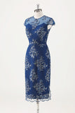 Navy Applique Sheath Tea Length Mother of the Bride Dress with Wrap