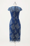 Navy Applique Sheath Tea Length Mother of the Bride Dress with Wrap