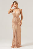 Glitter Blush Mermaid Halter Backless Long Prom Dress