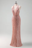 Sparkly Blush Halter Mermaid Long Prom Dress