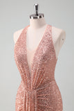 Sparkly Blush Halter Mermaid Long Prom Dress