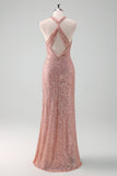 Sparkly Blush Halter Mermaid Long Prom Dress