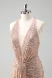 Sparkly Blush Halter Mermaid Long Prom Dress