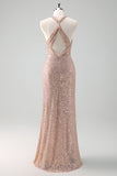 Sparkly Blush Halter Mermaid Long Prom Dress