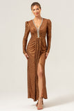 Sparkly Coffee Sheath V-Neck Sequins Long Prom Dress