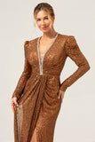 Sparkly Coffee Sheath V-Neck Sequins Long Prom Dress